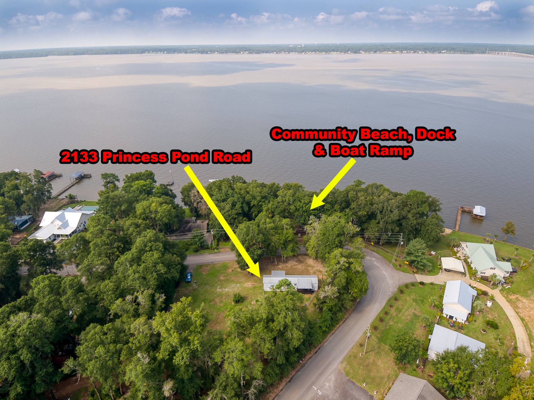 Aerial view showing 2133 Princess Pond Road and Lake Marion access