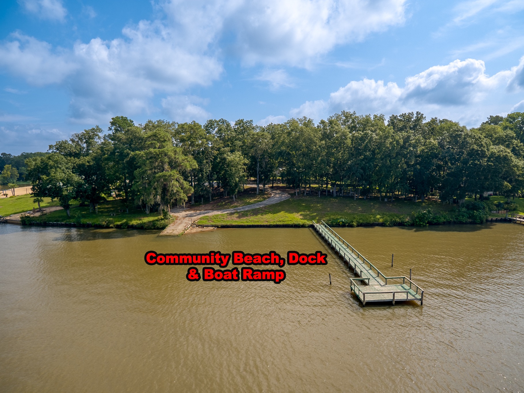 Community beach, dock and boat ramp on Lake Marion